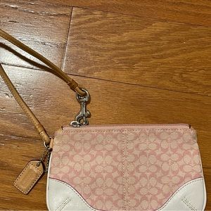 Coach Pink Wristlet with Tan Leather Strap. Perfect Condition. 7 x 4